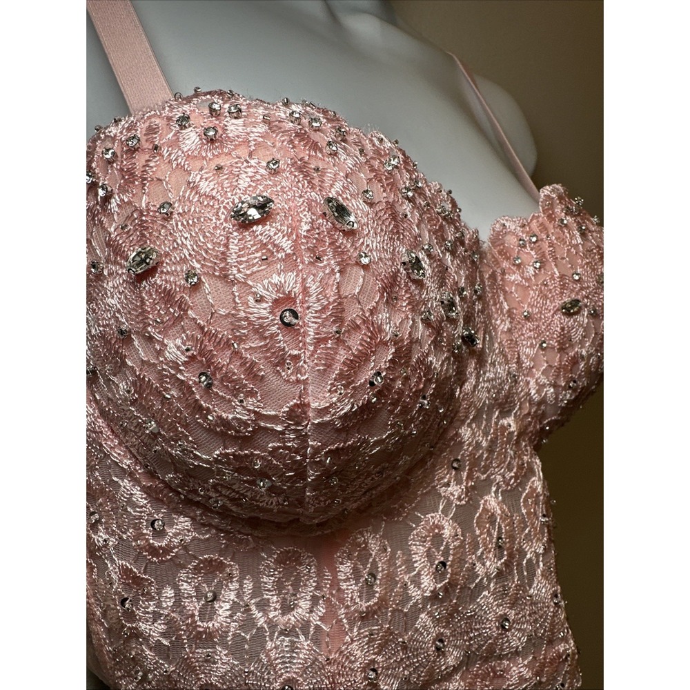 Windsor‎ Top Womens XL Soft Pink Lace Bustier Crop Top with Rhinestones - Picture 2 of 11